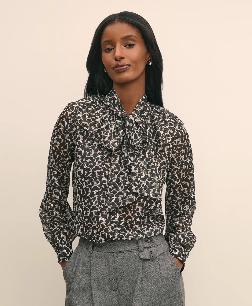 Leaf-Print Jacquard Bow-Neck Blouse | Brooks Brothers for sale