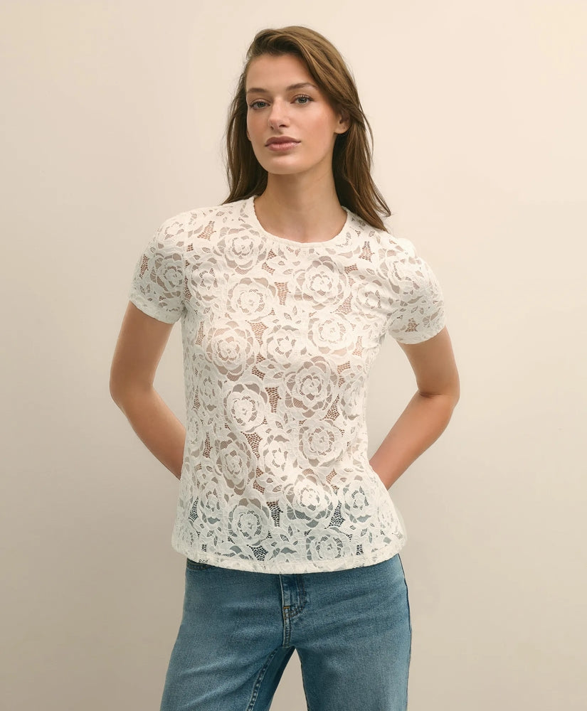 Semi-Sheer Short-Sleeve Top in Floral Lace | Brooks Brothers online shop