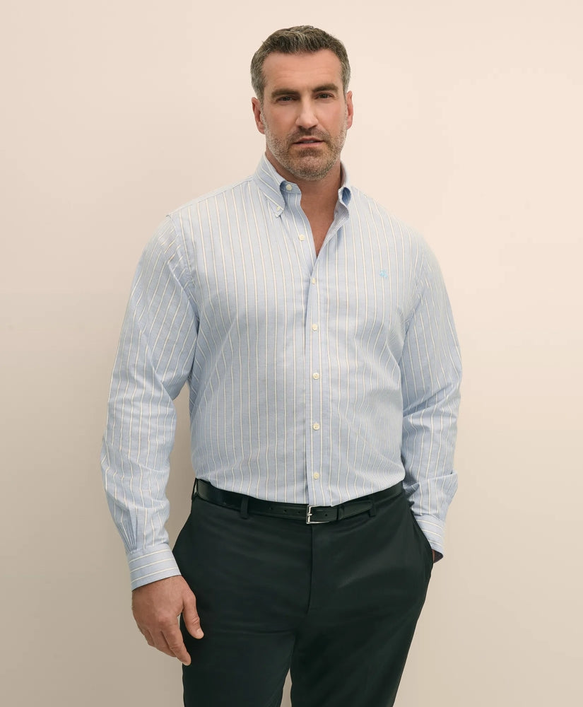 Big & Tall Stretch Cotton Non-Iron Oxford Polo Button Down Collar, Outline Stripe Shirt | Brooks Brothers online shop