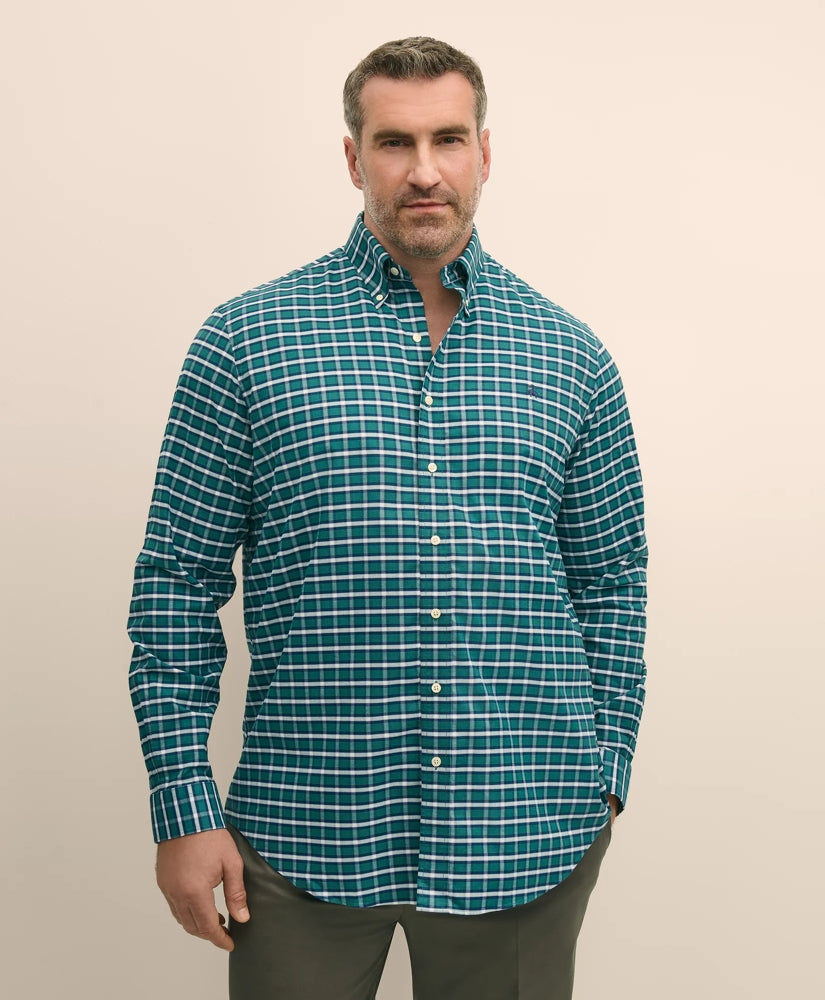Big & Tall Stretch Cotton Non-Iron Oxford Polo Button Down Collar, Plaid Shirt | Brooks Brothers online shop