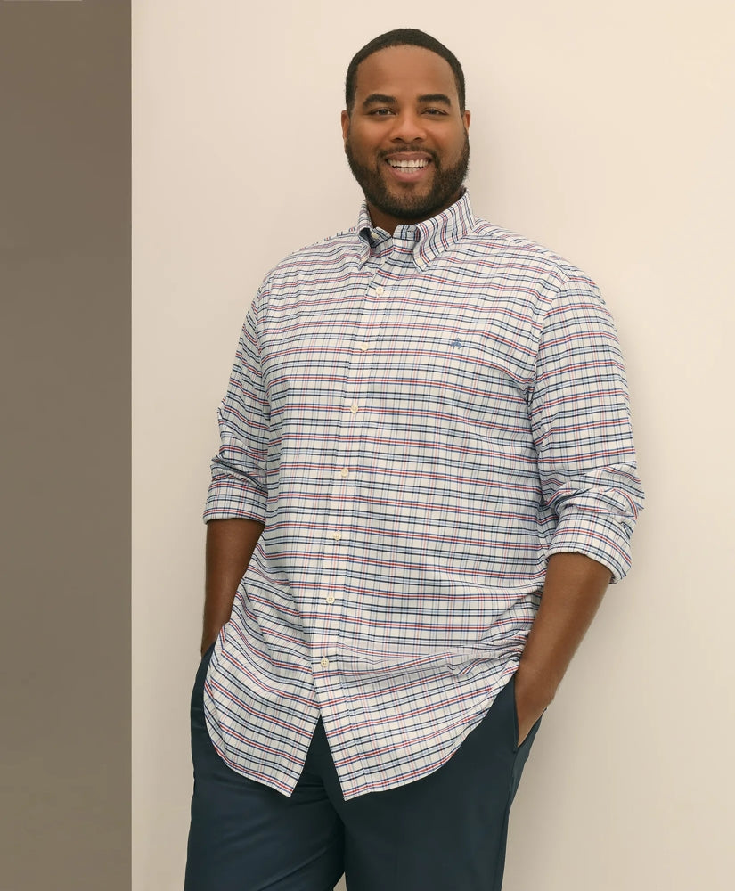 Big & Tall Stretch Cotton Non-Iron Oxford Polo Button Down Collar, Windowpane Shirt | Brooks Brothers online shop