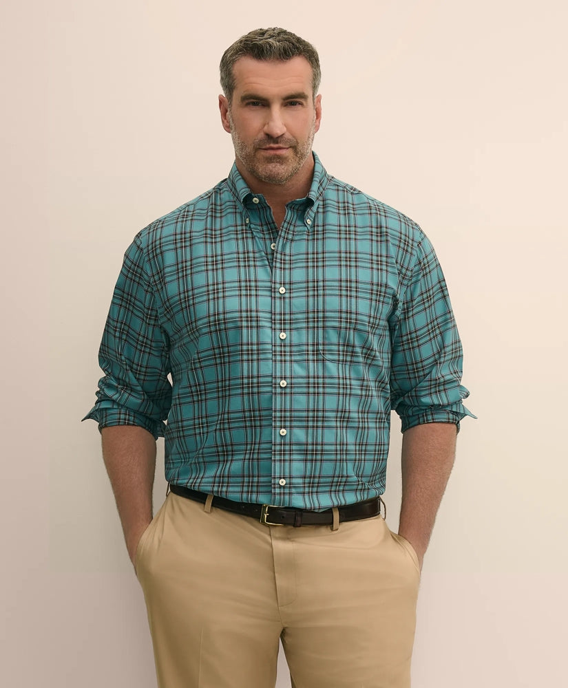 Big & Tall Stretch Cotton Non-Iron Twill Polo Button Down Collar, Tartan Shirt | Brooks Brothers online