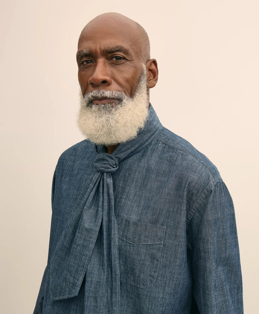 Brooks Brothers X Engineered Garments Cotton Chambray Ascot Collar Oversized Dress Shirt | Brooks Brothers sale