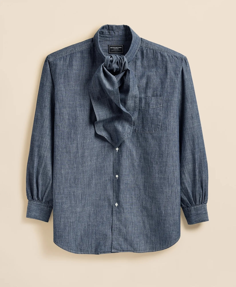 Brooks Brothers X Engineered Garments Cotton Chambray Ascot Collar Oversized Dress Shirt | Brooks Brothers sale