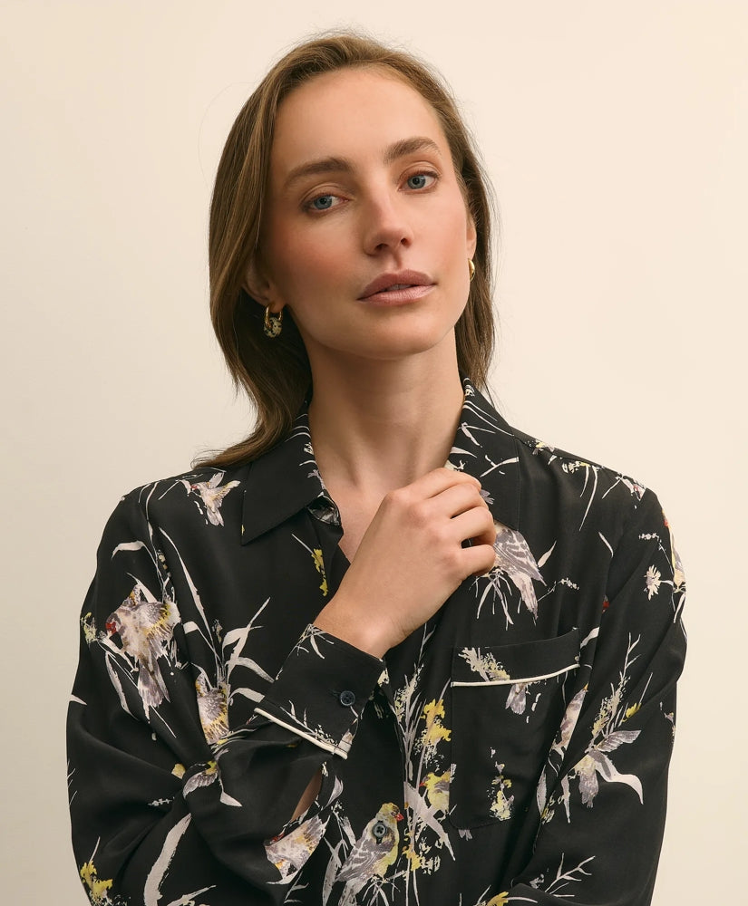 Crepe Viscose Relaxed Bird-Print Blouse | Brooks Brothers on sale