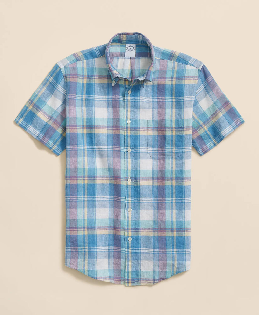 Irish Linen Polo Button Down Collar, Checked Short-Sleeve Shirt | Brooks Brothers discount