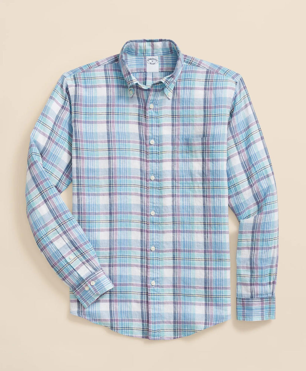 Irish Linen Polo Button Down Collar, Plaid Shirt | Brooks Brothers sale