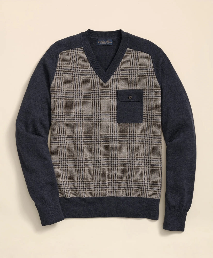 Merino Wool Glen Plaid Contrast Sweater | Brooks Brothers online shop