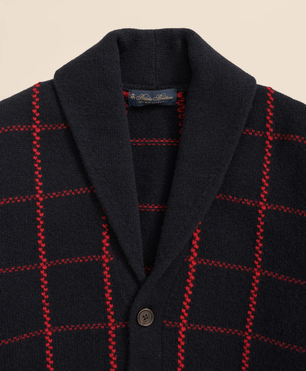 Merino Wool Windowpane Intarsia Shawl-Collar Cardigan | Brooks Brothers online shop