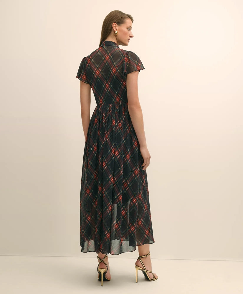 Chiffon Plaid Flutter-Sleeve Maxi Dress | Brooks Brothers online shop