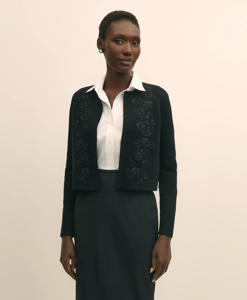 Merino-Wool-Cotton Blend Floral Embellished Cardigan | Brooks Brothers on sale