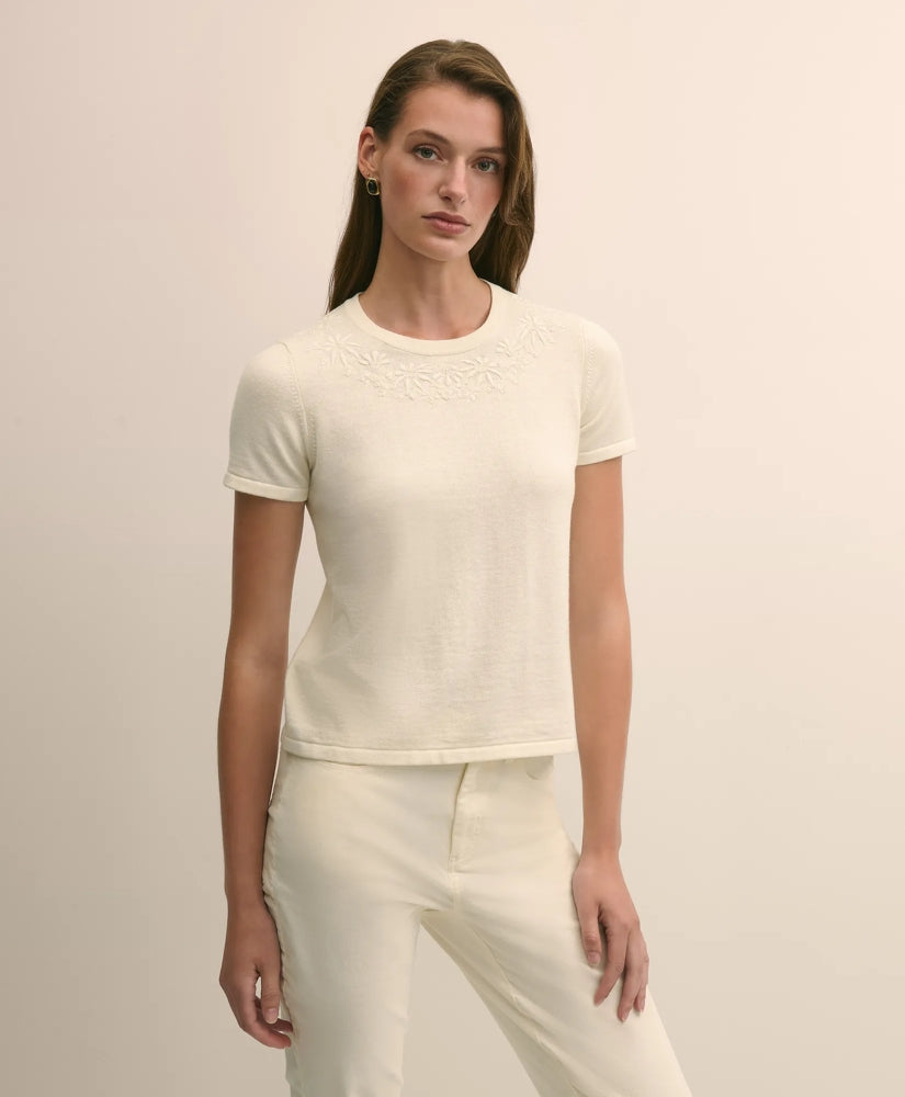 Merino-Wool-Cotton Blend Floral Embellished Short-Sleeve Sweater Shell | Brooks Brothers cheap