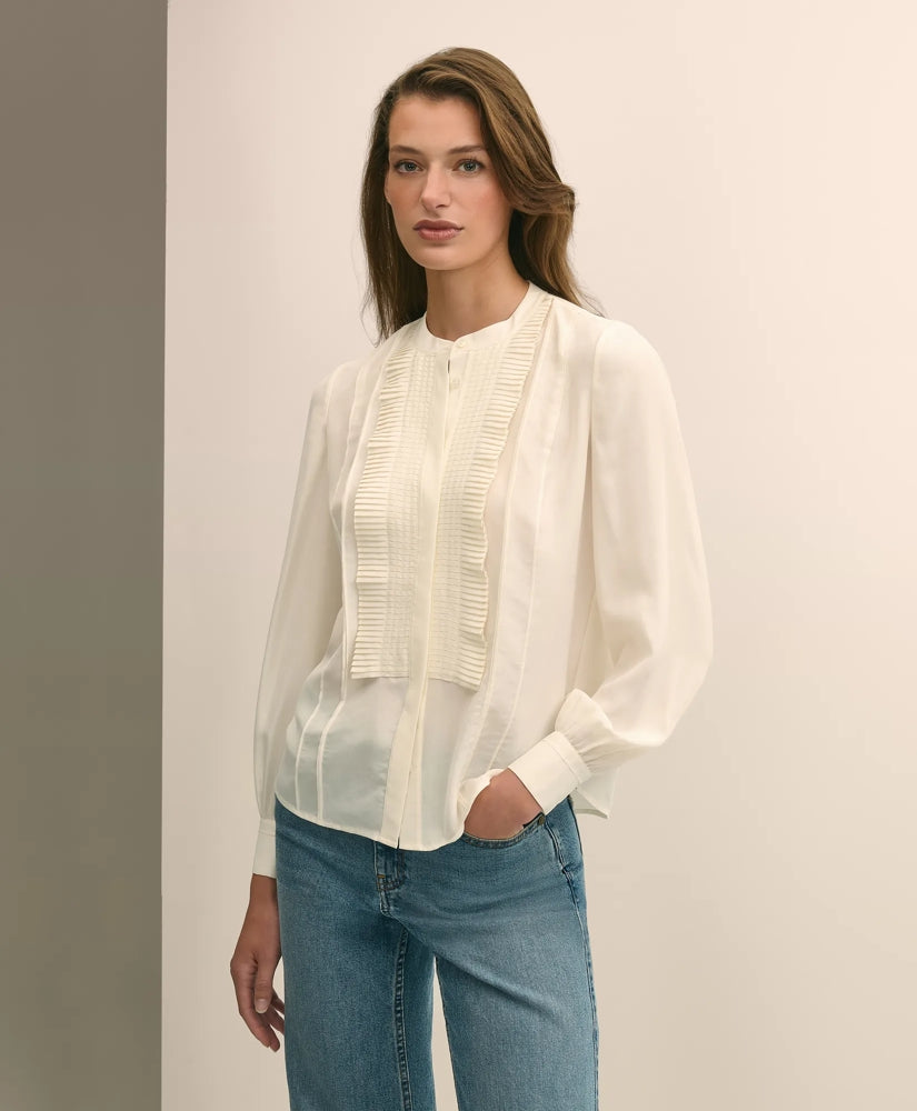 Silk Haboti Pintucked Band-Collar Blouse | Brooks Brothers online
