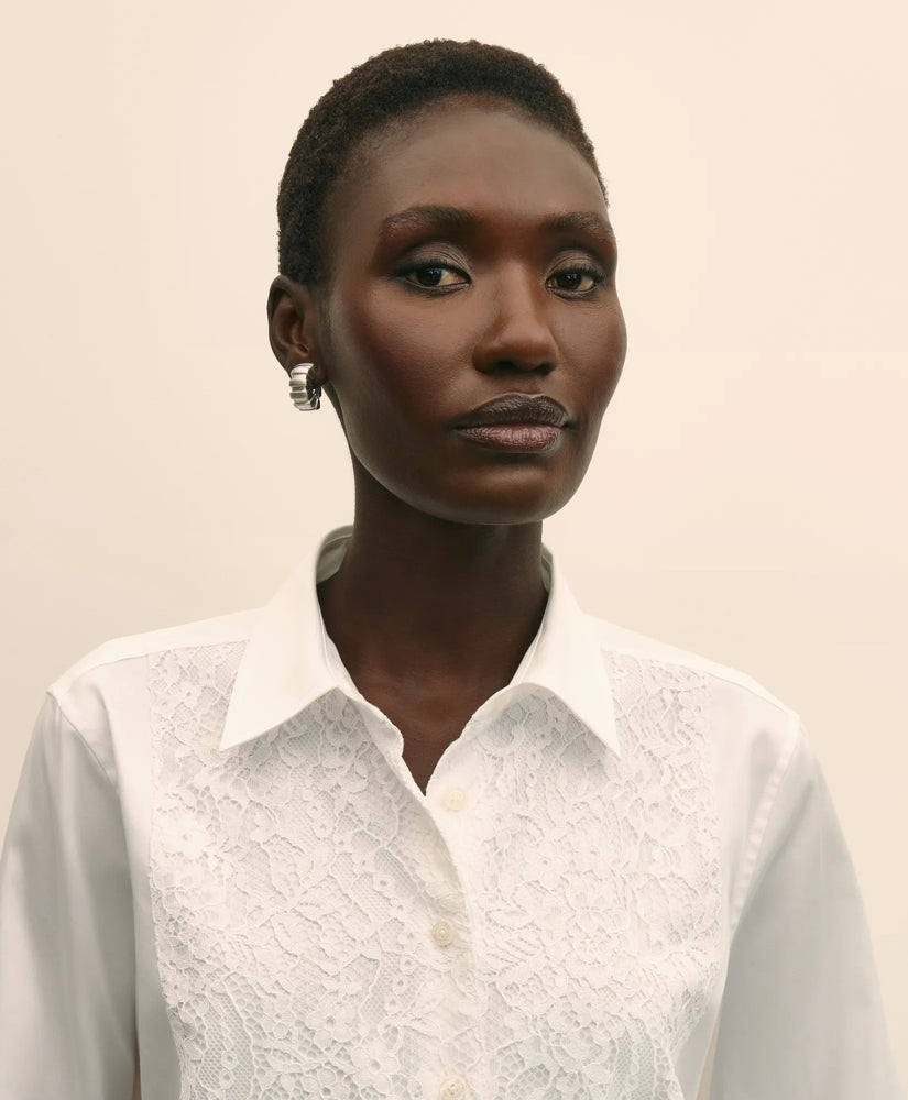 Cotton Sateen Relaxed Lace-Bib Shirt | Brooks Brothers for sale