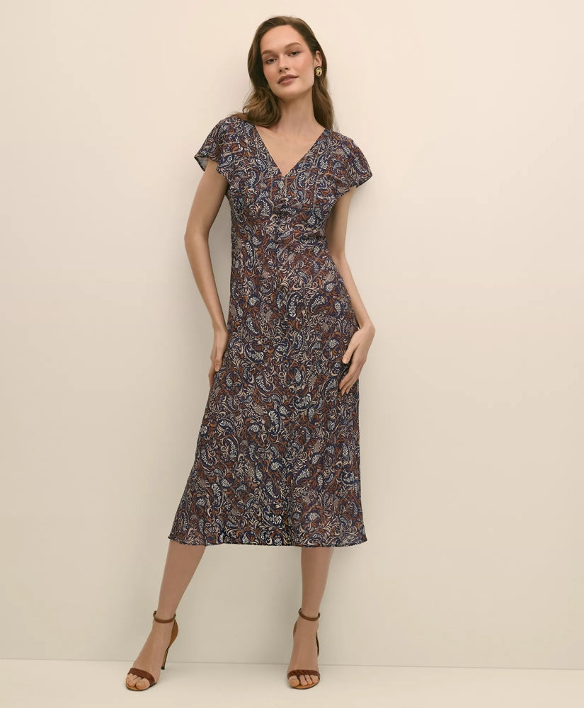 Paisley Shimmer Ruffle-Front Chevron-Stripe Dress | Brooks Brothers online shop