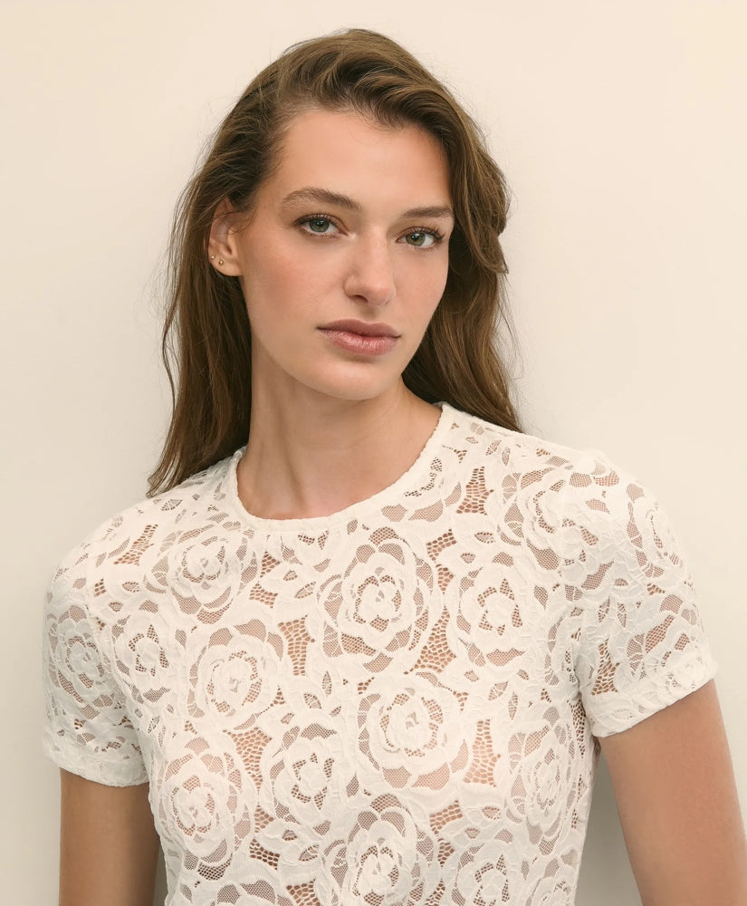 Semi-Sheer Short-Sleeve Top in Floral Lace | Brooks Brothers online shop
