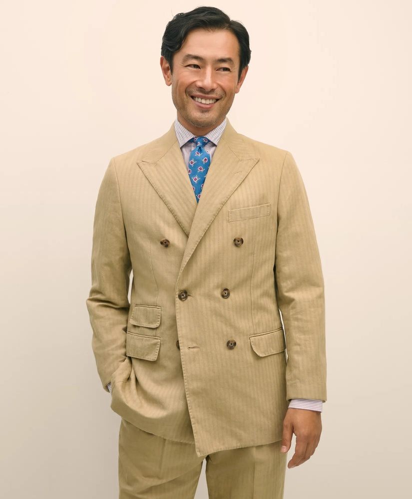 Slim Fit Cotton-Linen Herringbone Double-Breasted Suit Jacket | Brooks Brothers online shop
