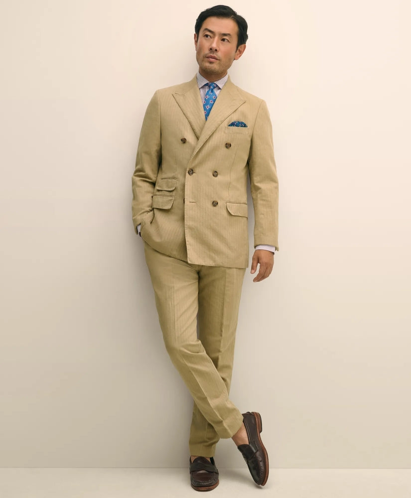 Slim Fit Cotton-Linen Herringbone Single-Pleat Suit Pants | Brooks Brothers online shop
