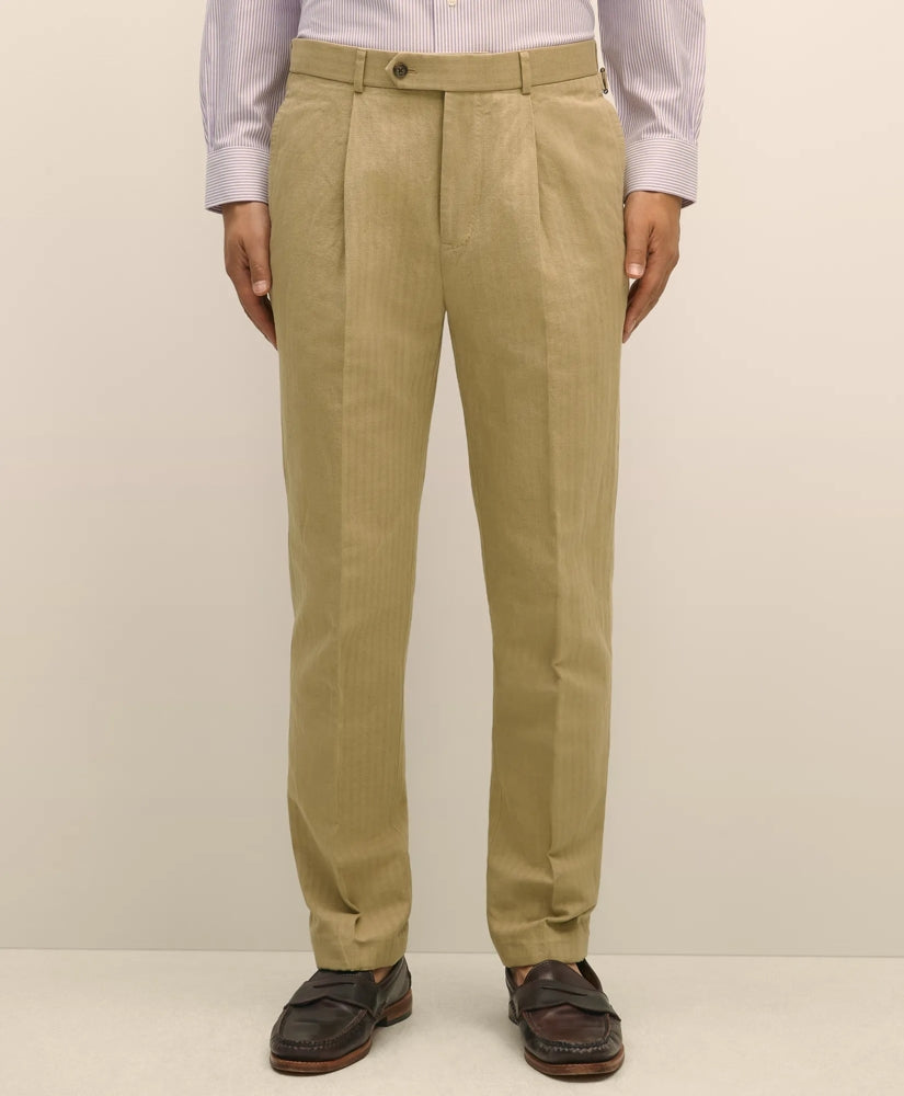 Slim Fit Cotton-Linen Herringbone Single-Pleat Suit Pants | Brooks Brothers online shop