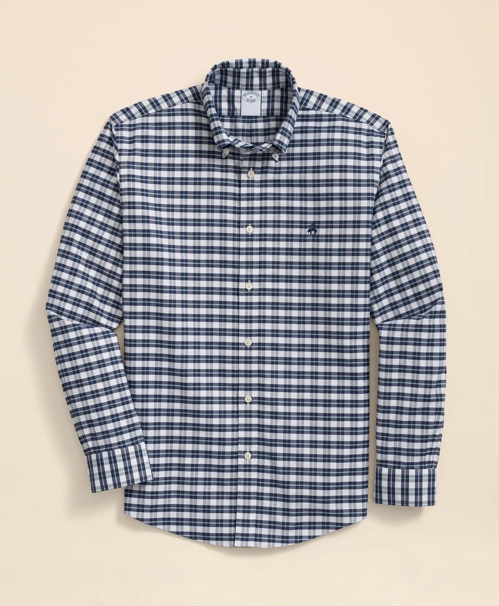 Stretch Cotton Non-Iron Oxford Polo Button Down Collar, Checked Shirt | Brooks Brothers cheap