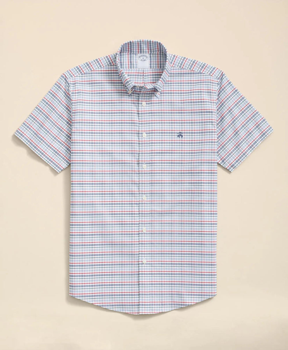 Stretch Cotton Non-Iron Oxford Polo Button Down Collar, Windowpane Short-Sleeve Shirt | Brooks Brothers on sale