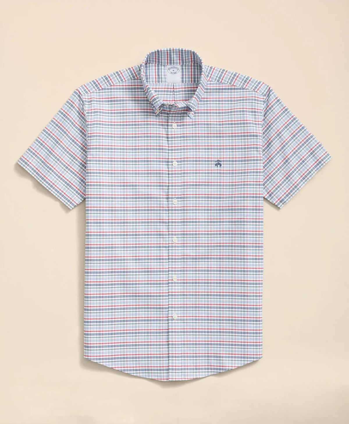 Stretch Cotton Non-Iron Oxford Polo Button Down Collar, Windowpane Short-Sleeve Shirt | Brooks Brothers on sale