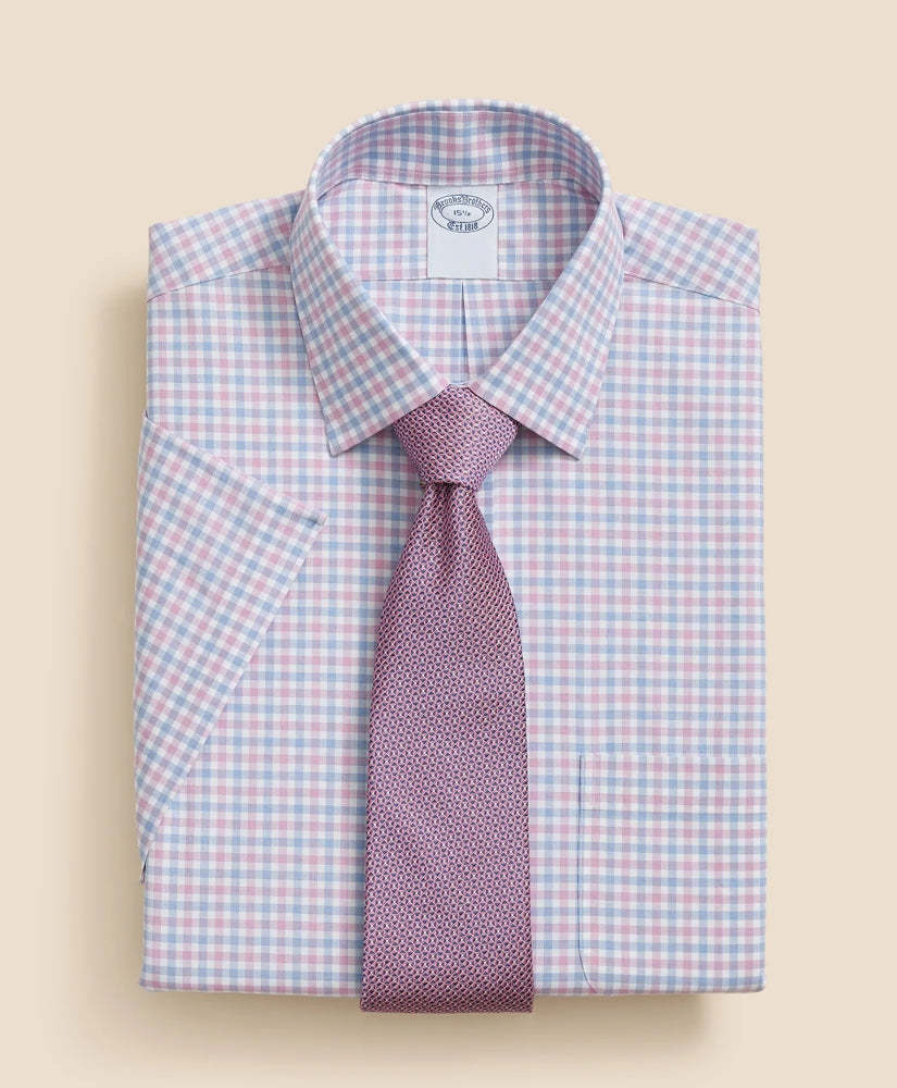 Stretch Supima® Cotton Non-Iron Ainsley Collar, Alternating Check Short-Sleeve Dress Shirt | Brooks Brothers online shop