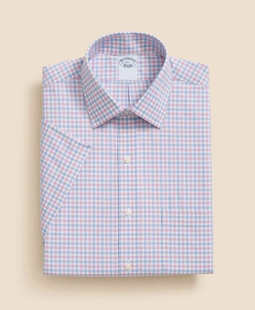 Stretch Supima® Cotton Non-Iron Ainsley Collar, Alternating Check Short-Sleeve Dress Shirt | Brooks Brothers online shop