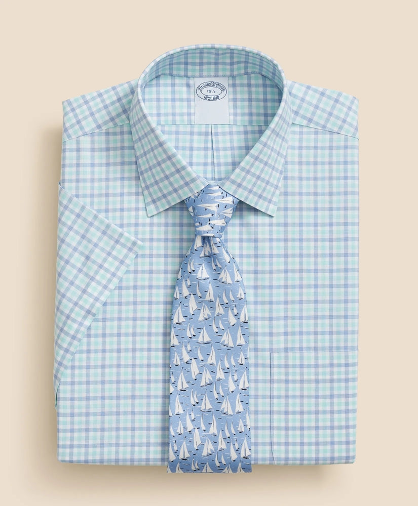 Stretch Supima® Cotton Non-Iron Ainsley Collar, Alternating Check Short-Sleeve Dress Shirt | Brooks Brothers online shop