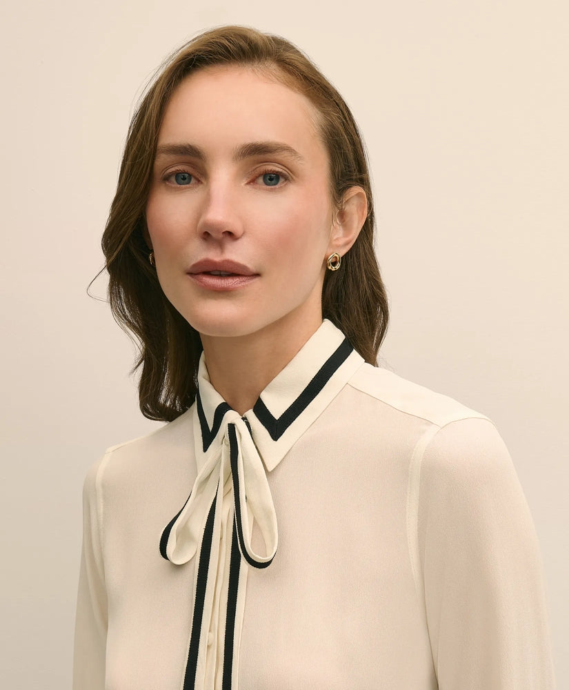 Viscose Contrast Tie-Neck Blouse | Brooks Brothers online shop