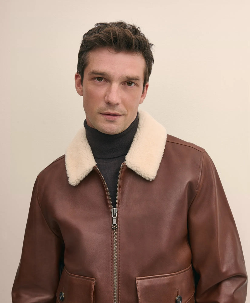 Washed Leather Bomber Jacket With Shearling Collar | Brooks Brothers cheap