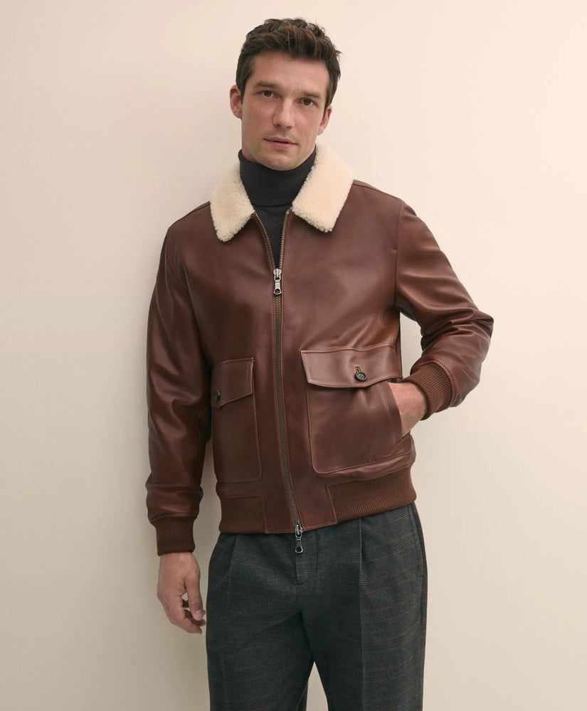 Washed Leather Bomber Jacket With Shearling Collar | Brooks Brothers cheap