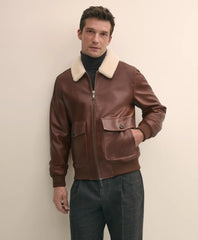 Washed Leather Bomber Jacket With Shearling Collar | Brooks Brothers cheap